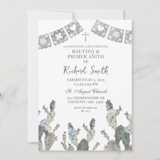 Zilver Dusty Blue Mexican Cactus Bautizo Kaart (Voorkant)