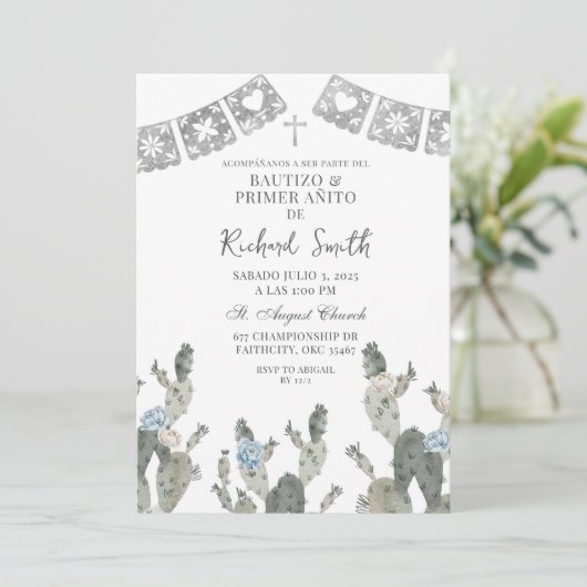 Zilver Dusty Blue Mexican Cactus Bautizo Kaart (Staand voorkant)