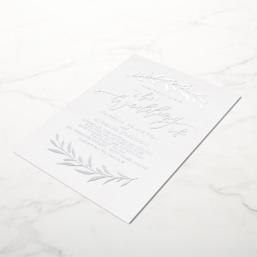 Zilver eenvoudige kalligrafie rustige naaldhout folie uitnodiging (Gedraaid)