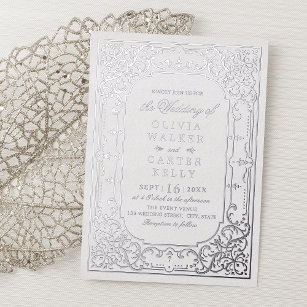 Zilver elegant  romantisch vintage bruiloft folie uitnodiging