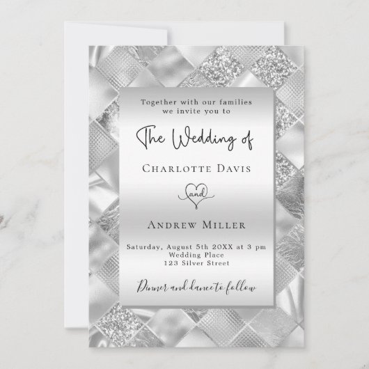 Zilver elegante moderne bruiloft kaart (Voorkant)