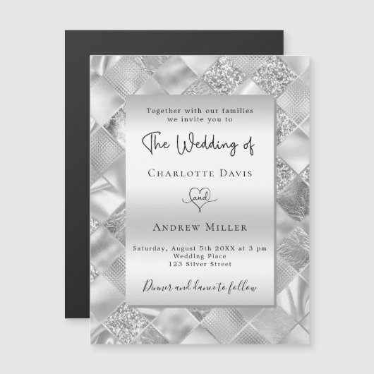 Zilver elegante moderne bruiloft magnetische uitnodiging (Voorkant / Achterkant)