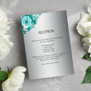 Zilver en Aqua Rozen Wedding Reception Kaart