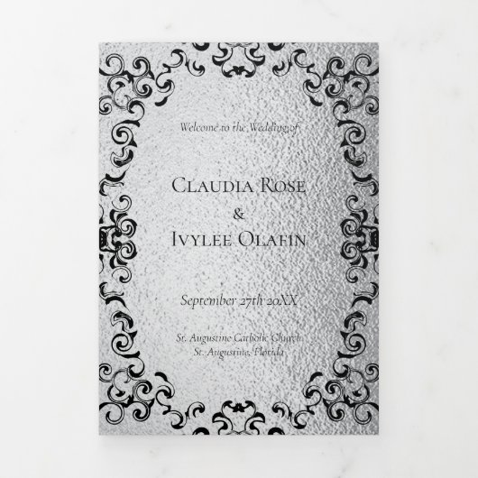 Zilver en Black Swirl Gothic Wedding Drieluik Programma (Cover)