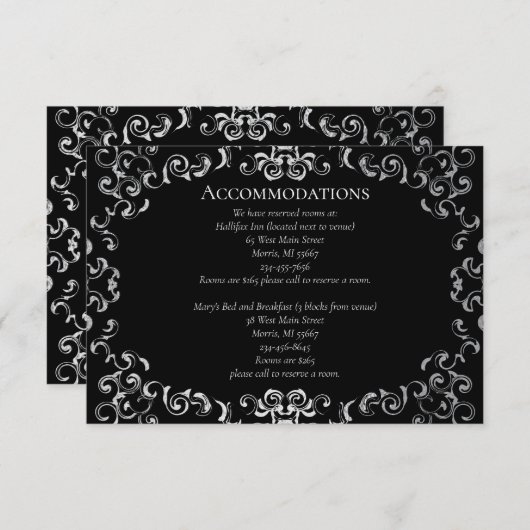 Zilver en Black Swirl Gothic Wedding Informatiekaartje (Voorkant / Achterkant)