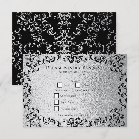 Zilver en Black Swirl Gothic Wedding Kaart (Voorkant / Achterkant)