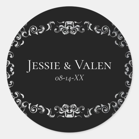 Zilver en Black Swirl Gothic Wedding Ronde Sticker (Voorkant)