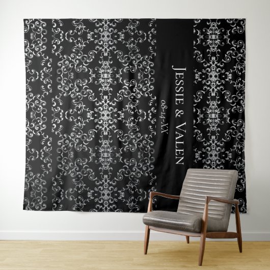 Zilver en Black Swirl Gothic Wedding Wandkleed (In Situ (horizontaal))