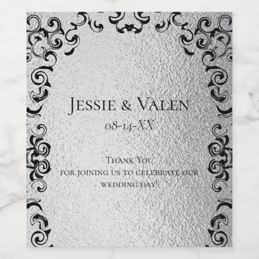 Zilver en Black Swirl Gothic Wedding Wijn Etiket (Enkel label)