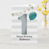 Zilver en Blauw 1e Verjaardag Jongen Kaart (Gele Bloem)