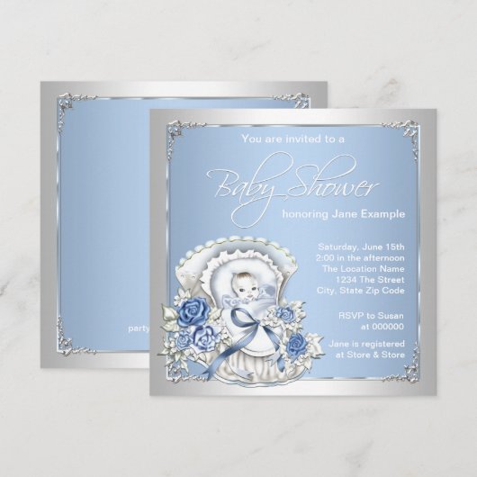 Zilver en blauw  Baby Boy Shower Kaart (Voorkant / Achterkant)