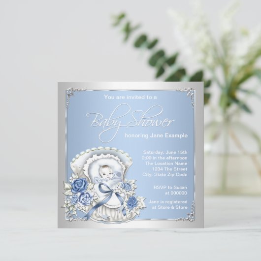 Zilver en blauw Baby Boy Shower Kaart (Staand voorkant)