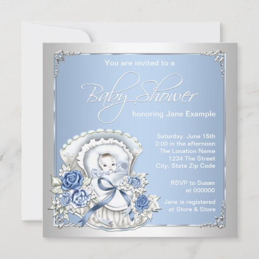 Zilver en blauw  Baby Boy Shower Kaart (Voorkant)