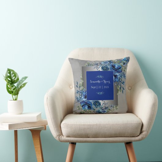 Zilver en blauw bloemblad Symfonie Sierkussen (Stoel)