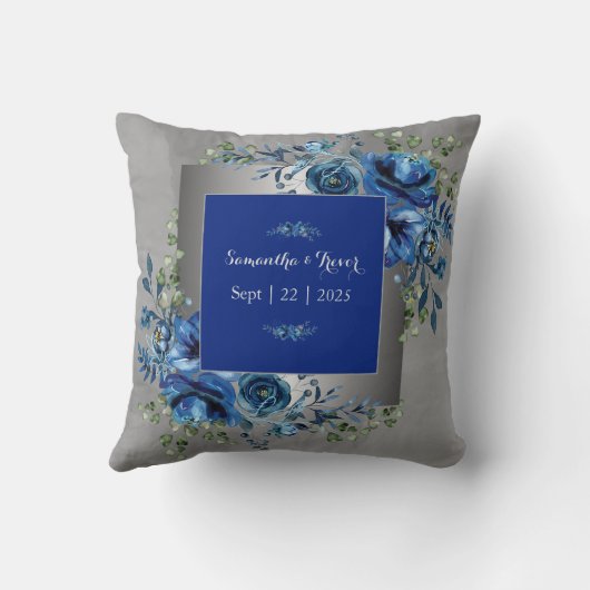 Zilver en blauw bloemblad Symfonie Sierkussen (Achterkant)