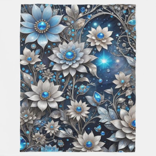 Zilver en Blauw Bloemen Fleece Deken (Voorkant)