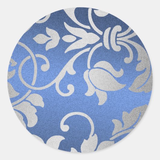Zilver- en blauw Damasontwerp Ronde Sticker (Voorkant)