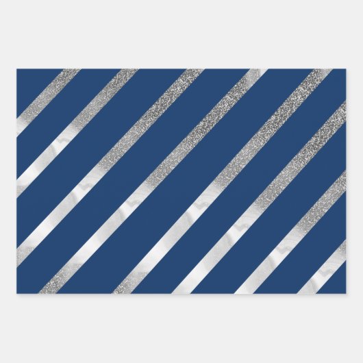 Zilver en Blauw Diagonaal Streepjespatroon Inpakpapier Vel (Voorkant 3)