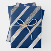 Zilver en Blauw Diagonaal Streepjespatroon Inpakpapier Vel (In situ)