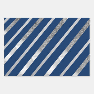 Zilver en Blauw Diagonaal Streepjespatroon Inpakpapier Vel