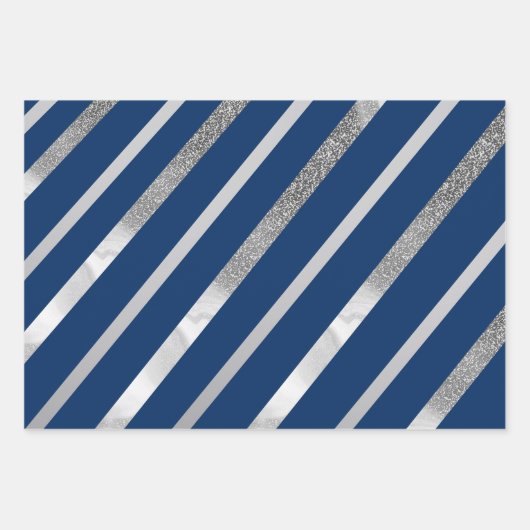 Zilver en Blauw Diagonaal Streepjespatroon Inpakpapier Vel (Voorkant)