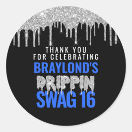 Zilver en Blauw Drippin Swag 16 Verjaardag Ronde Sticker