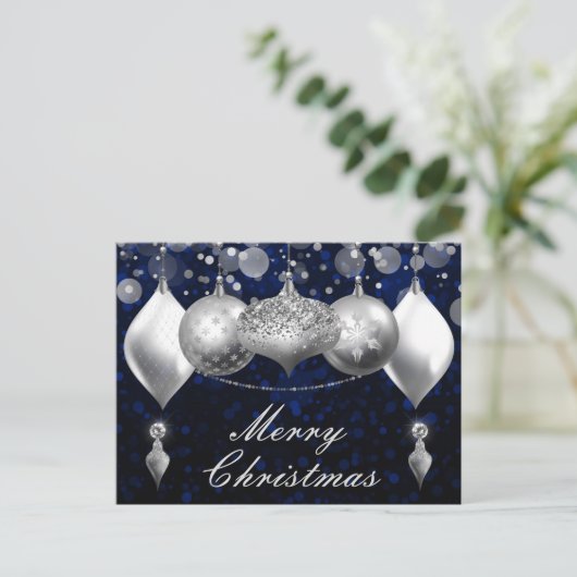 Zilver- en blauw-kerst-Baubles-siervoorwerpen Feestdagenkaart (Staand voorkant)