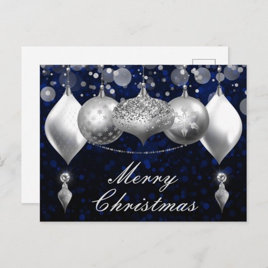 Zilver- en blauw-kerst-Baubles-siervoorwerpen Feestdagenkaart (Voorkant / Achterkant)