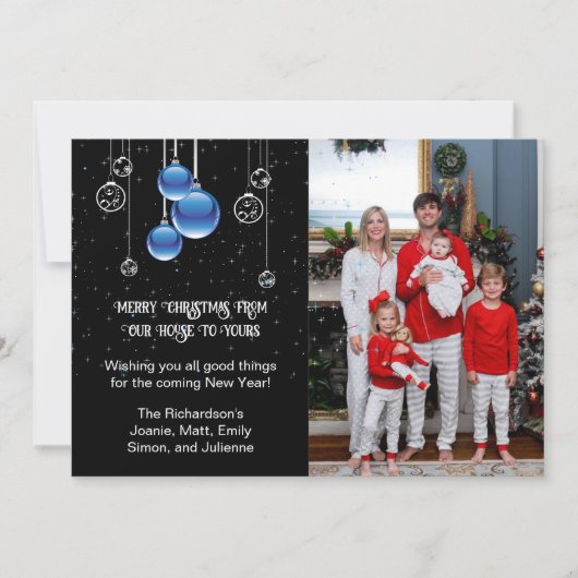 Zilver- en blauw kerstversiering Sparkle Photo Feestdagenkaart (Voorkant)