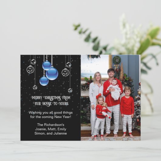 Zilver- en blauw kerstversiering Sparkle Photo Feestdagenkaart (Staand voorkant)