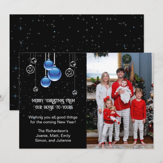 Zilver- en blauw kerstversiering Sparkle Photo Feestdagenkaart (Voorkant / Achterkant)