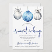 Zilver en blauw Ornament Exchange Holiday Party Kaart (Voorkant)