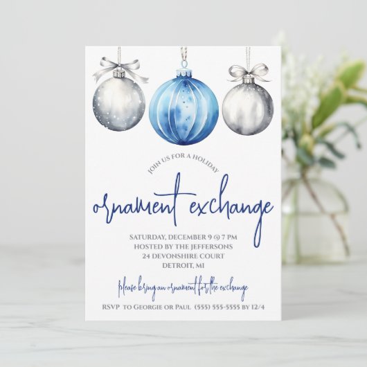 Zilver en blauw Ornament Exchange Holiday Party Kaart (Staand voorkant)