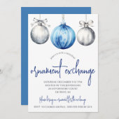Zilver en blauw Ornament Exchange Holiday Party Kaart (Voorkant / Achterkant)