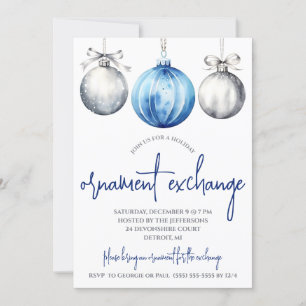 Zilver en blauw Ornament Exchange Holiday Party Kaart