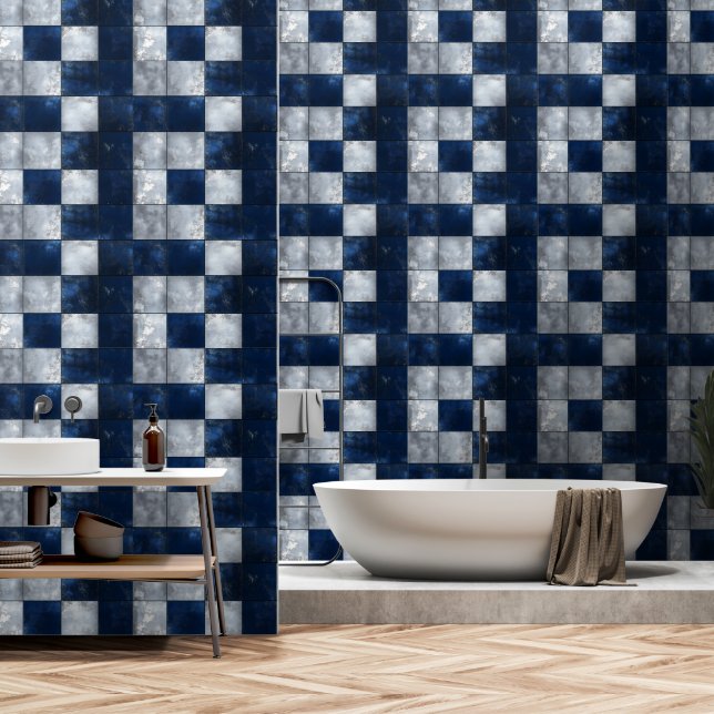 Zilver en blauw patroon behang (Badkamer)