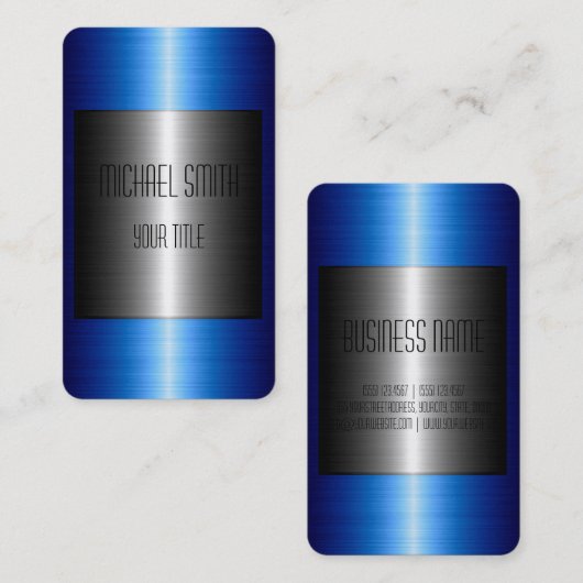 Zilver en blauw Roestvrij staal Metaal Visitekaartje (Voorkant / Achterkant)
