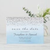 Zilver en blauw Waterverf Save The Date Kaart (Staand voorkant)