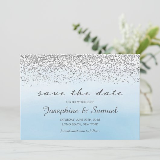 Zilver en blauw Waterverf Save The Date Kaart (Staand voorkant)