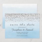 Zilver en blauw Waterverf Save The Date Kaart (Voorkant / Achterkant)