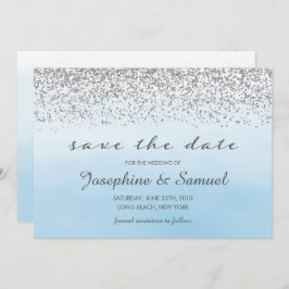 Zilver en blauw Waterverf Save The Date Kaart