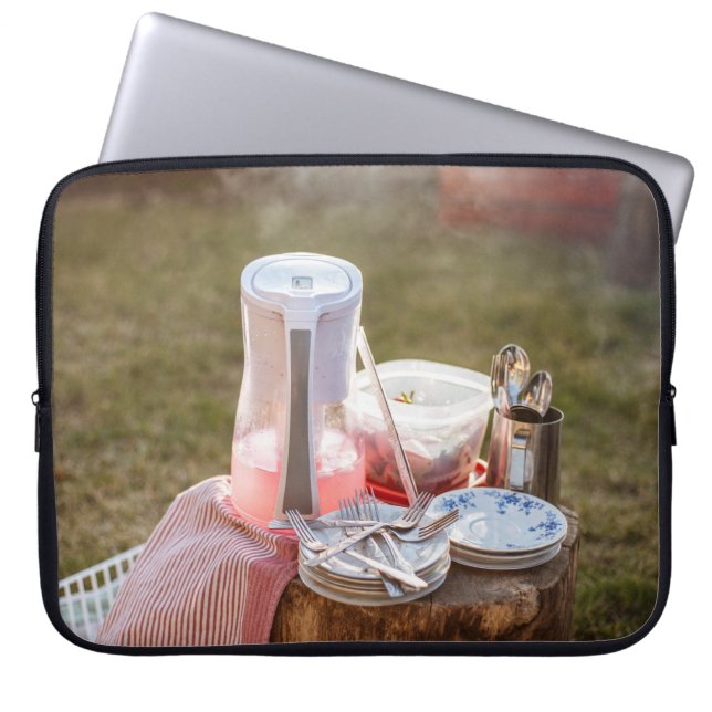 Zilver- en blauwe glazige keramische borden en pit laptop sleeve (Voorkant)