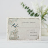 Zilver en Blauwe Vogels Damask Wedding RSVP (Staand voorkant)