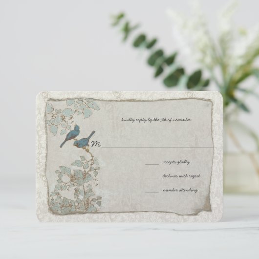  Zilver en Blauwe Vogels Damask Wedding RSVP (Staand voorkant)