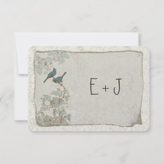  Zilver en Blauwe Vogels Damask Wedding RSVP (Achterkant)