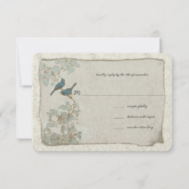 Zilver en Blauwe Vogels Damask Wedding RSVP Kaartje