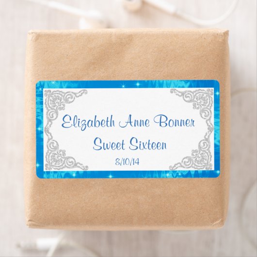Zilver en blauwe waterlabels voor Sweet Sixteen Etiket (Insitu)