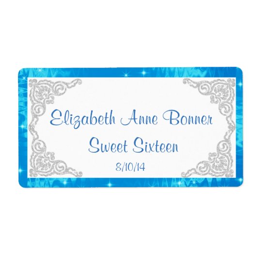 Zilver en blauwe waterlabels voor Sweet Sixteen Etiket (Voorkant)