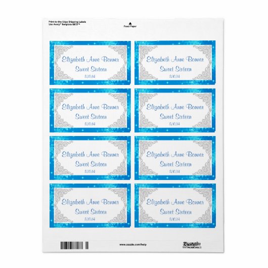 Zilver en blauwe waterlabels voor Sweet Sixteen Etiket (Full Sheet)