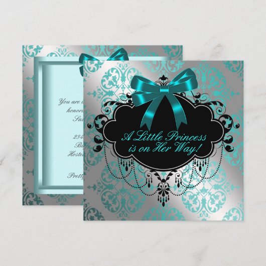 Zilver en Blauwgroen Blauw Prinses Baby Meisje Dou Kaart (Voorkant / Achterkant)